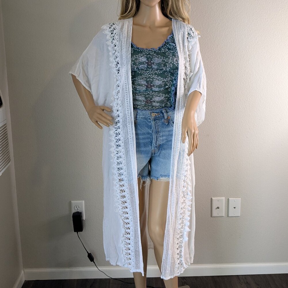 Wrangler Retro Duster Women's Size Large White Long Crochet Lace Short Sleeve